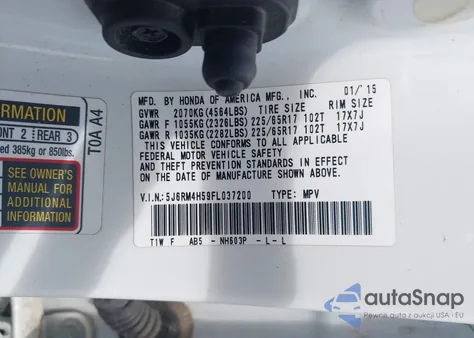 2015 Honda Cr-V Ex z USA, uszkodzony, nr VIN 5J6RM4H59FL037200